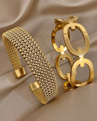 18K Gold Plated Stainless Steel Luxury Vintage Braided Bracelet Set and Ring Clasp