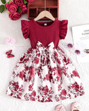 Girls’ Meroon  Summer Ruffled Sleeve Bow-Tie Floral Print Dress