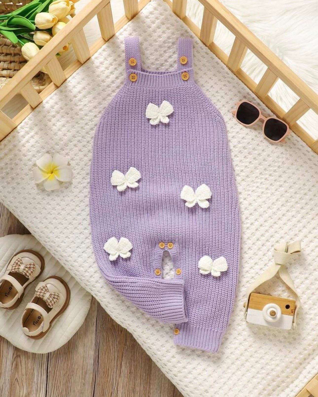 Baby Girl Purple 3D Bow Decor Knitted Strap Jumpsuit