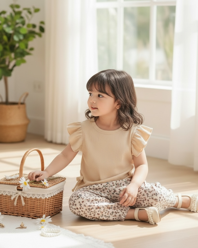 Baby Girls Skin Striped Ruffle Sleeve T-Shirt & Floral Pants Set