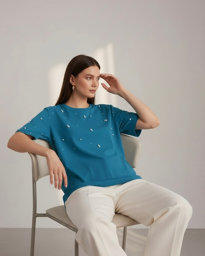 Women’s Royal Blue Beaded T-Shirt