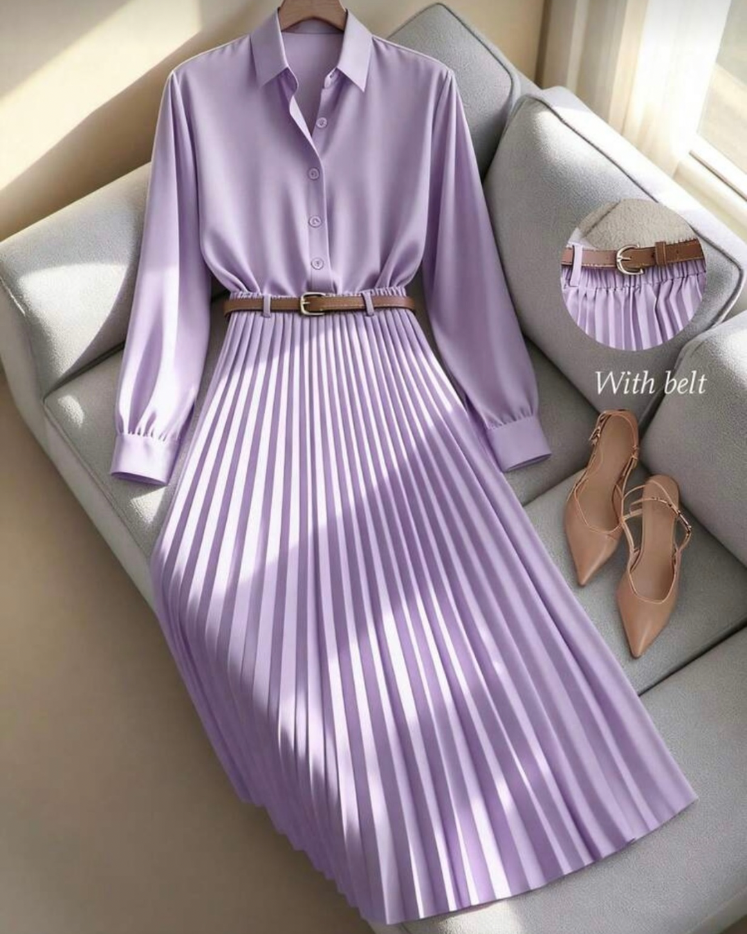Solid Color Long Sleeve Shirt Paired With A-Line Skirt, Pleated Skirt Comes With Belt