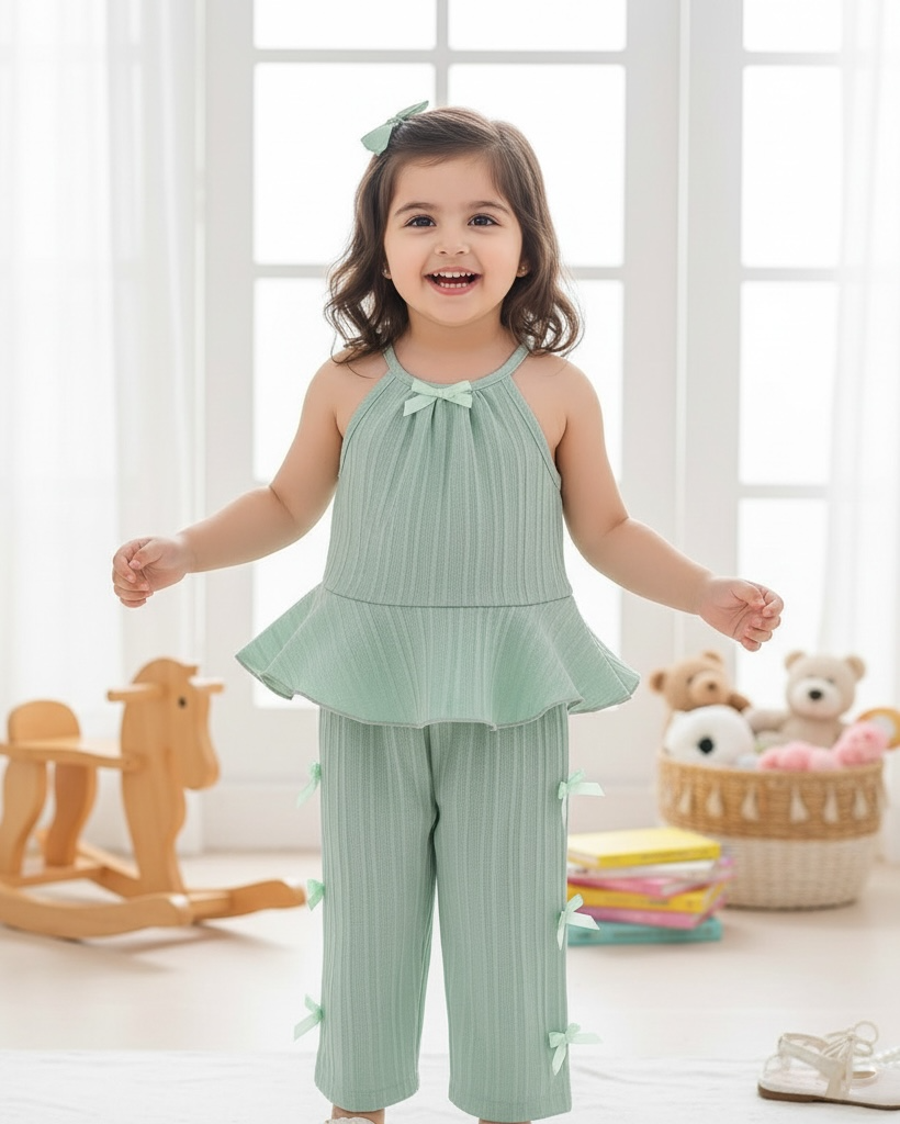 2pcs Baby Girls' Green colour Spaghetti Strap Camisole Top With 3D Bow Decor Straight Leg Pants Set