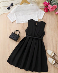 Girls 2-Piece White Mesh Knit Top & Black Dress