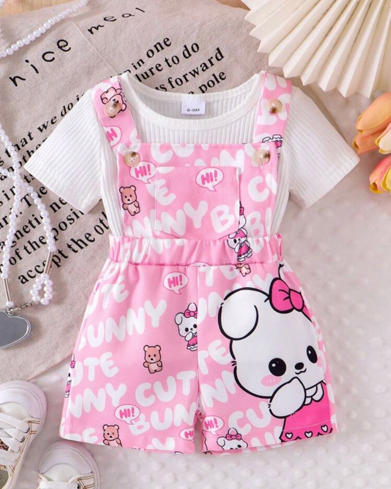 2Pcs Baby Girl Ribbed White T-Shirt & Cartoon Rabbit Bear Pocket Overall Shorts Set