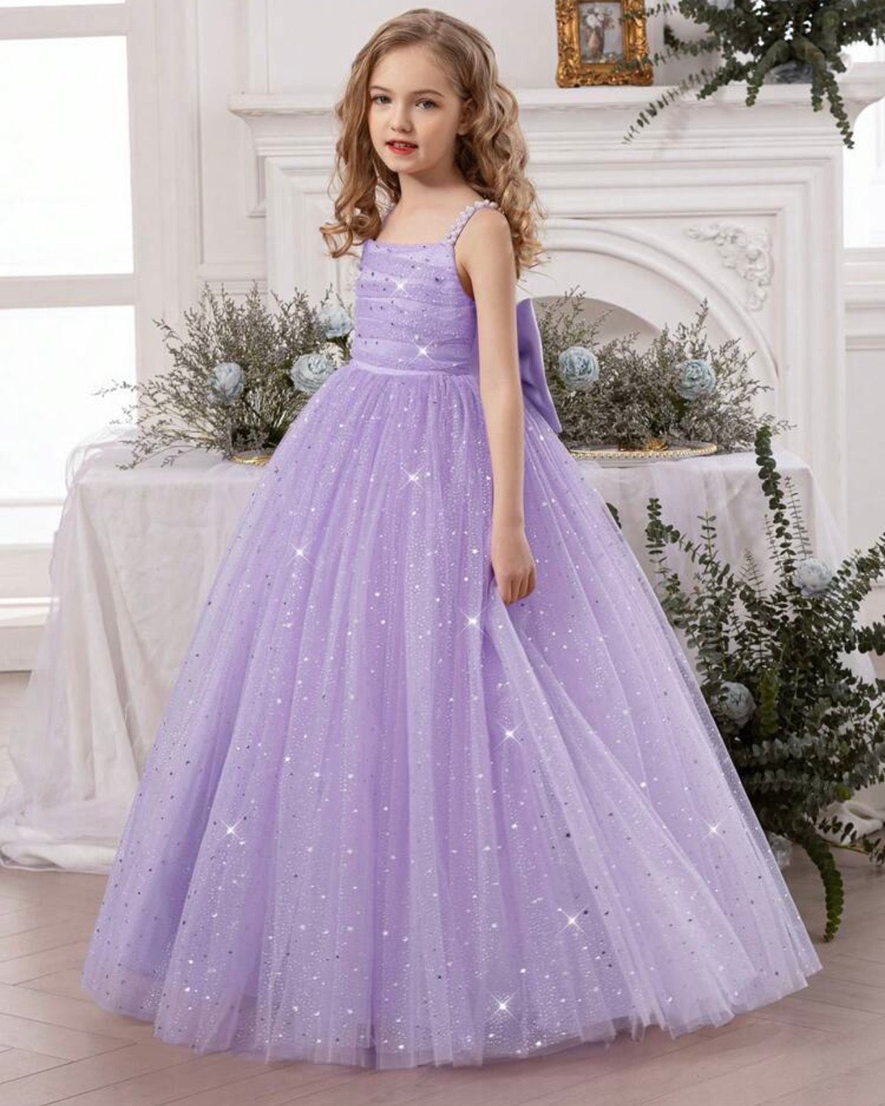 Girls Pearl Strap Star Mesh 3D Bow Lavender Princess Dress