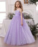 Girls Pearl Strap Star Mesh 3D Bow Lavender Princess Dress