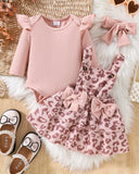 Baby Girl Pink Leopard Print Strap Dress Ribbed, Long Sleeve Bodysuit With Headband