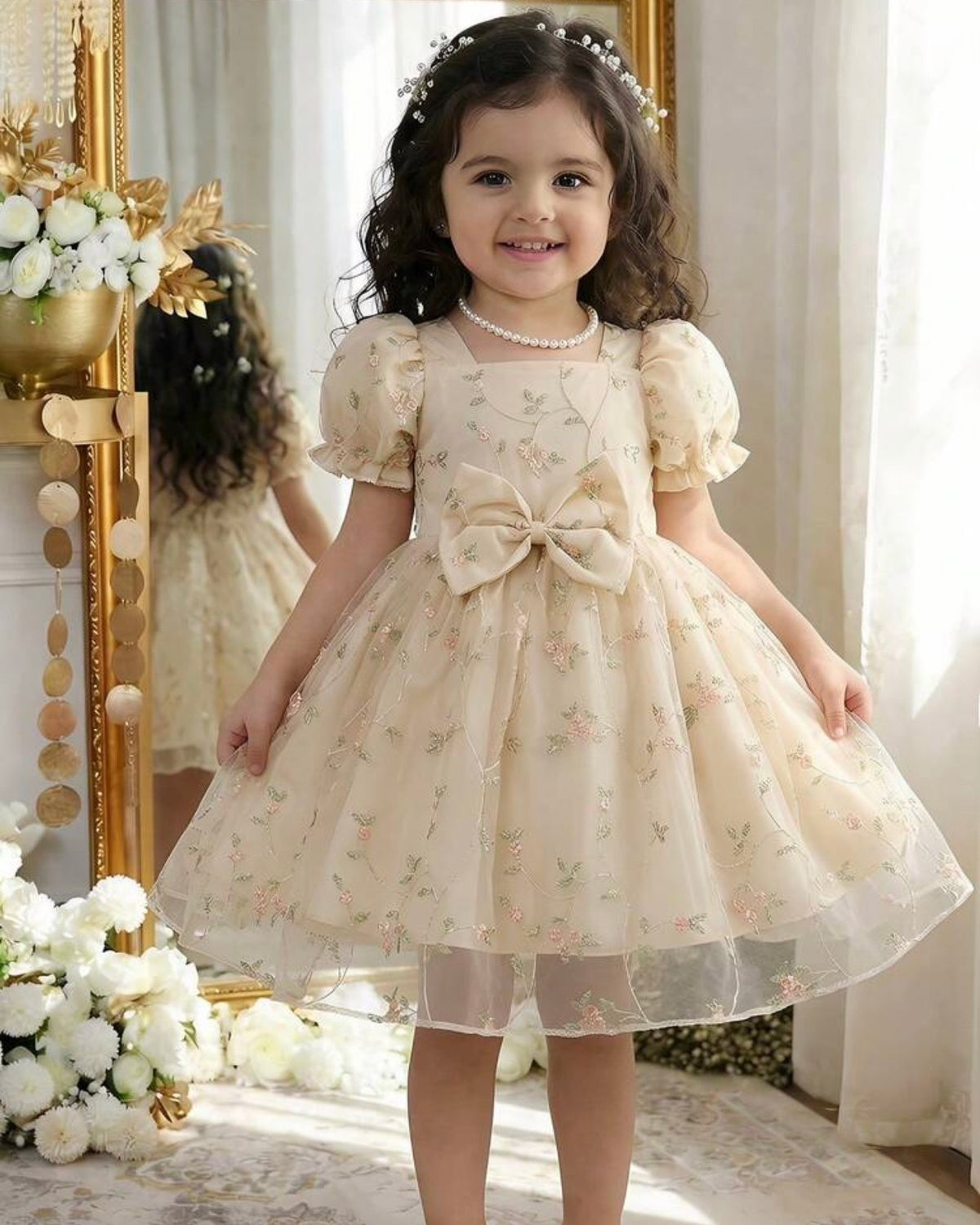 Baby Girl Apricot Mesh Floral Puff Sleeve Princess Dress