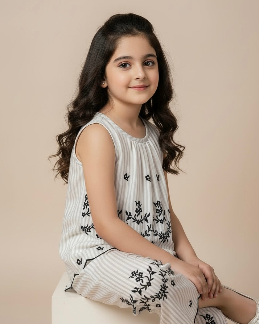Girls Sleeveless Co-Ord Set – Printed Embroidered Hem Top & Wide-Leg Pants