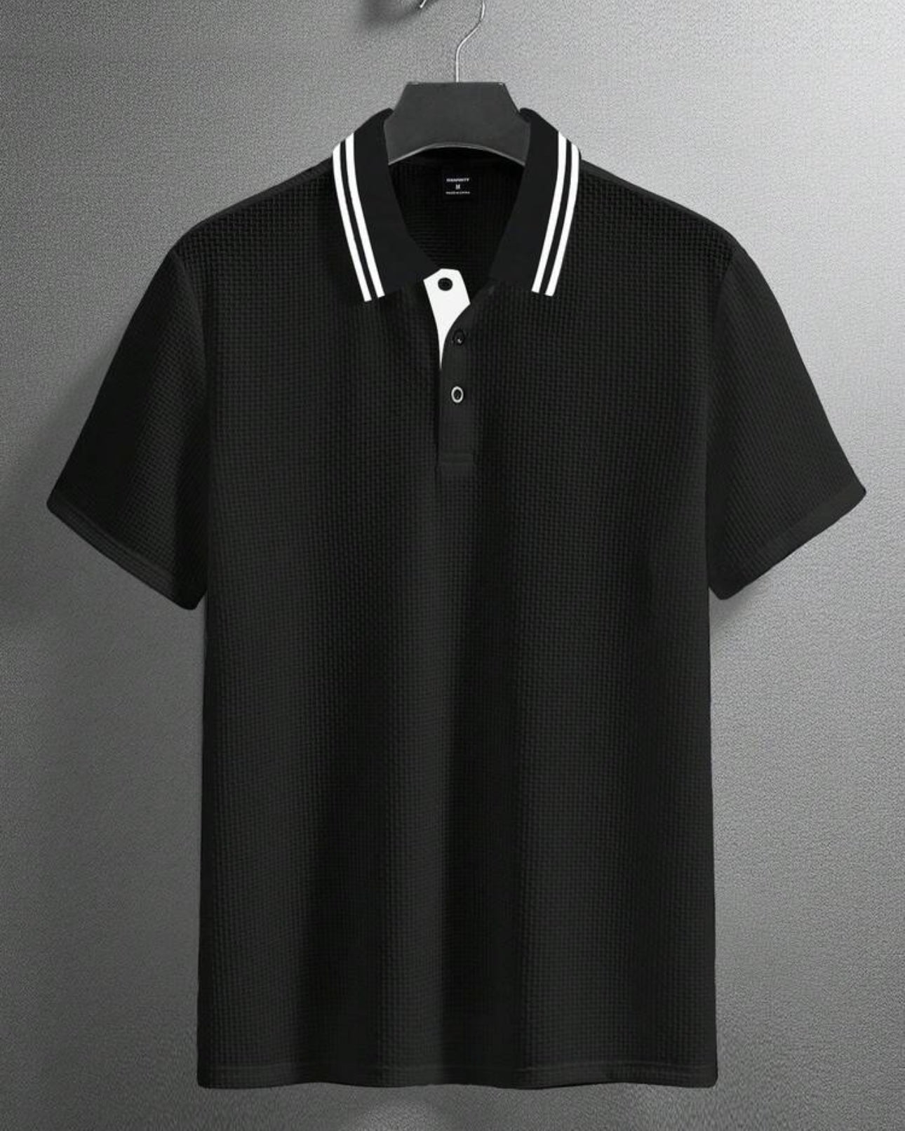 Men’s White Striped Collar Half Sleeve Black Textured Polo Shirt - Summer