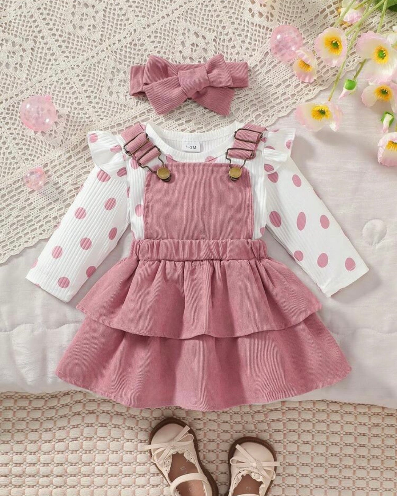 Baby Girl 3pcs Pink Polka Dot Print Bodysuit, 2-Layer Ruffle Skirt & Headband Set