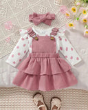 Baby Girl 3pcs Pink Polka Dot Print Bodysuit, 2-Layer Ruffle Skirt & Headband Set