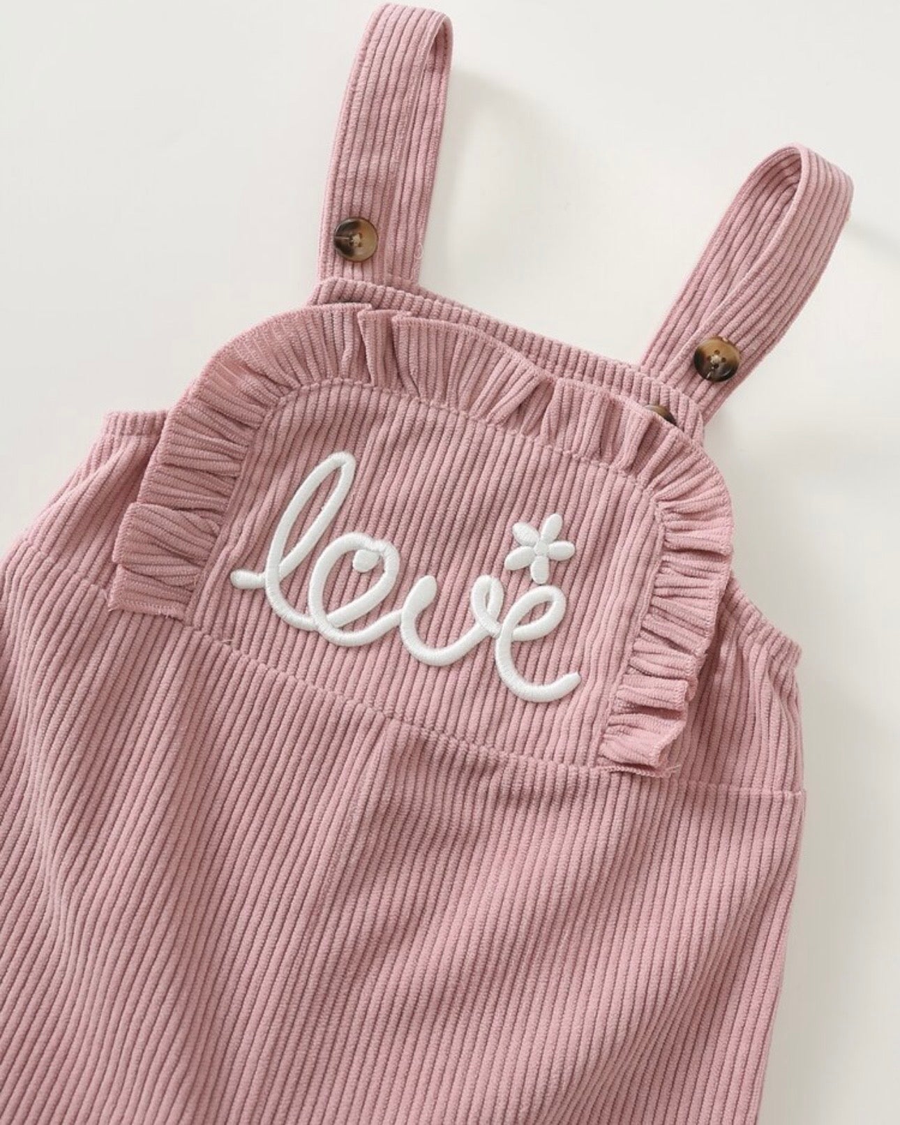 Baby Girl Pink Corduroy Letter Embroidered Ruffle Trim Ribbed Texture Overalls