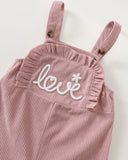 Baby Girl Pink Corduroy Letter Embroidered Ruffle Trim Ribbed Texture Overalls