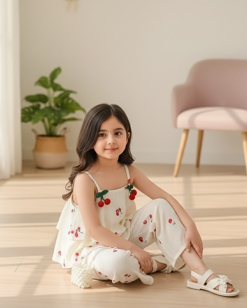 Cherry Print Cami Top With 3D Pom Pom Decor & Straight Leg Pants