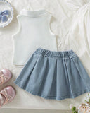 Girls  2pc White Polo Top with Bow & Denim Skirt