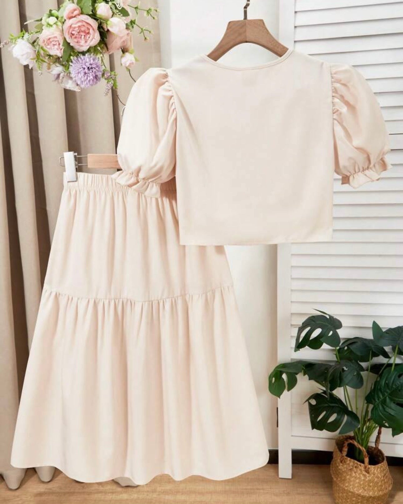 2pcs Tween Girl Puff Sleeve Shirt & Asymmetrical Button Skirt – Spring/Summer Vacation Outfit