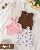 4pc Baby Girl Summer Outfit Set – Pink & Brown Tank Tops