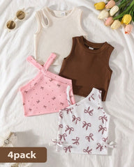 4pc Baby Girl Summer Outfit Set – Pink & Brown Tank Tops