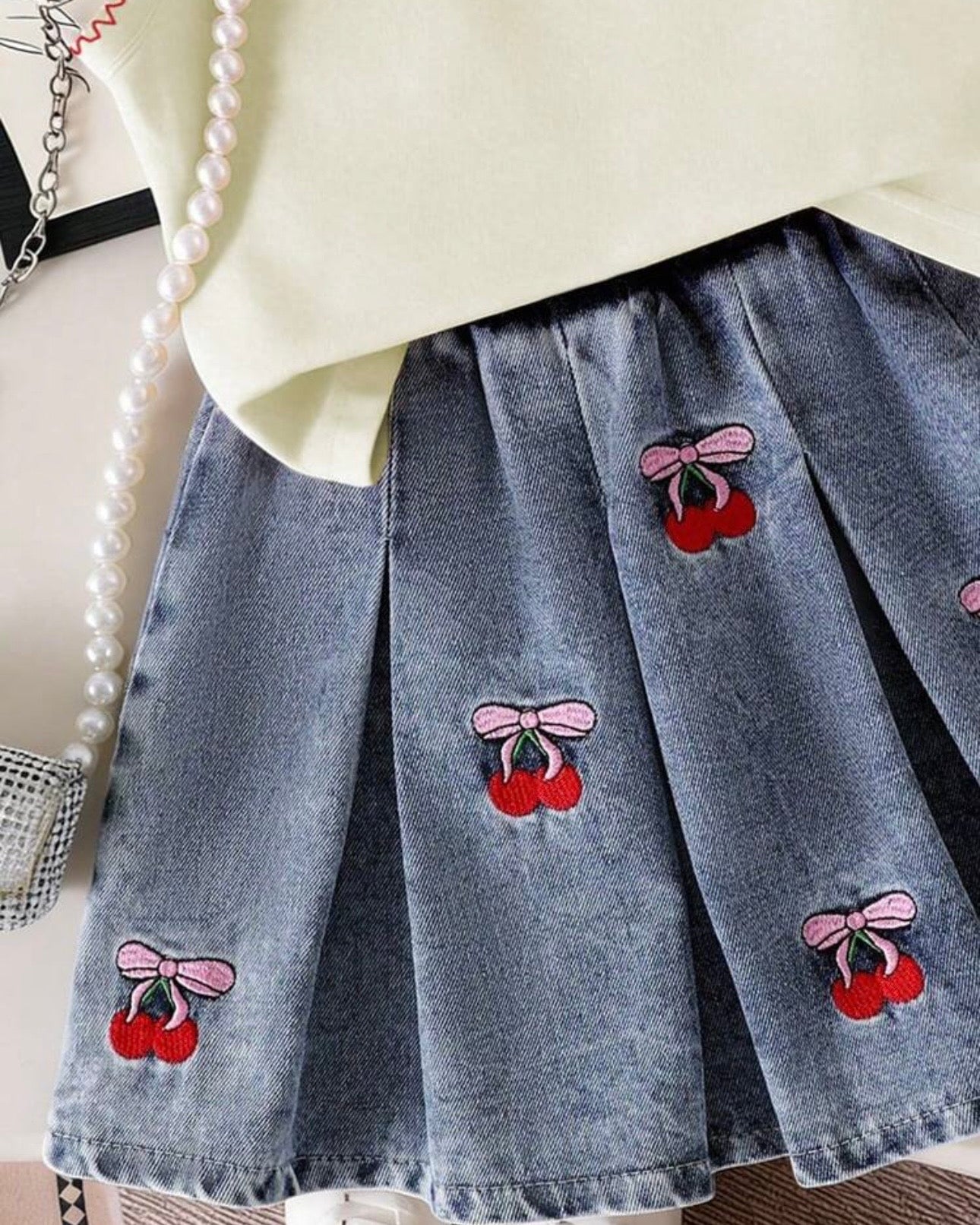 Girls Cherry Embroidered Top & Frilled Denim Skirt Set (3 Colours)