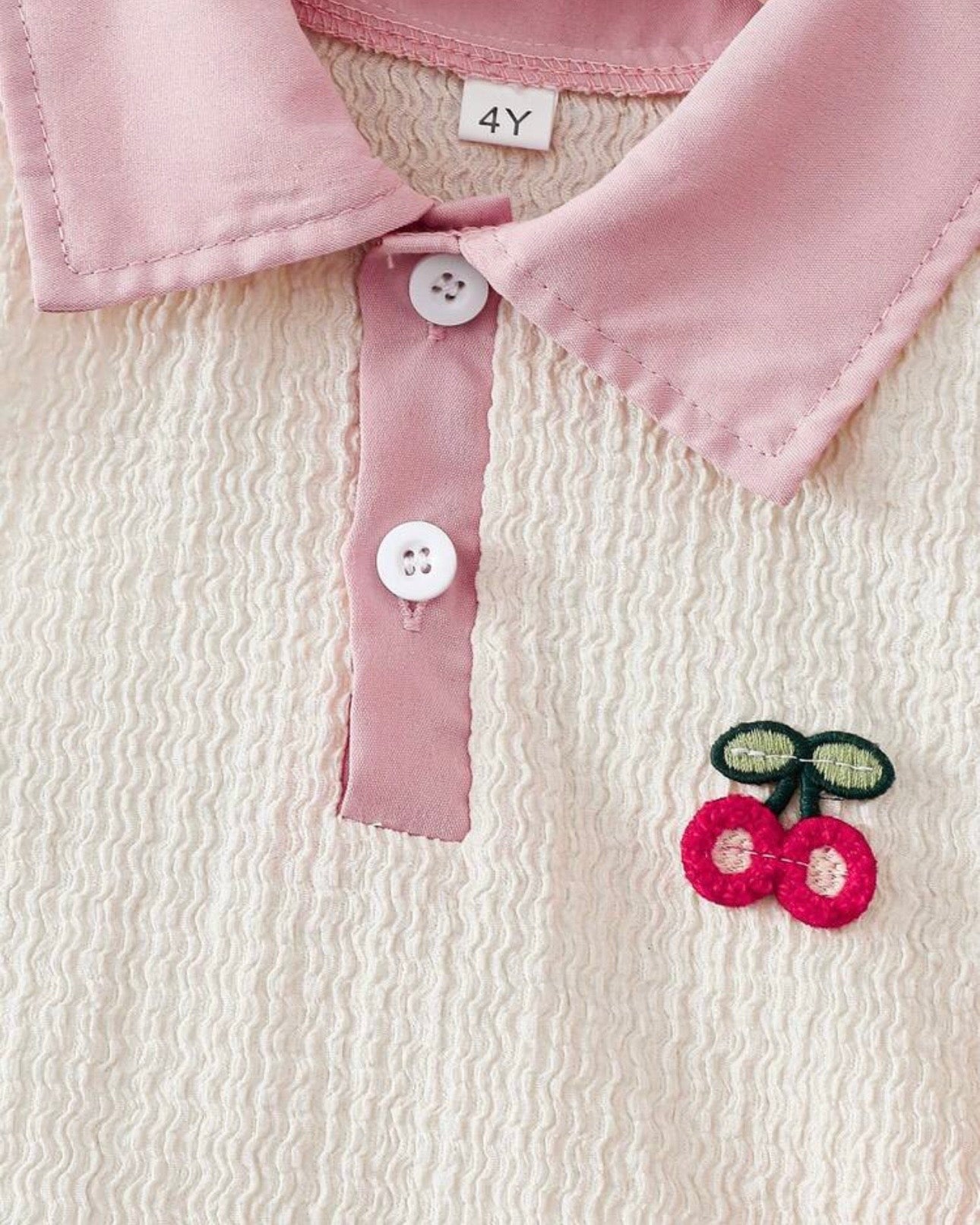 Cherry Patch Beige Polo Collar Top & Pink Skirt Set