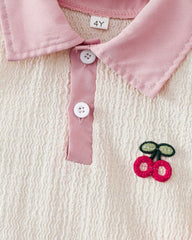 Cherry Patch Beige Polo Collar Top & Pink Skirt Set