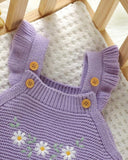 Baby Girl Purple Embroidered Floral Decor Knitted Strap Jumpsuit