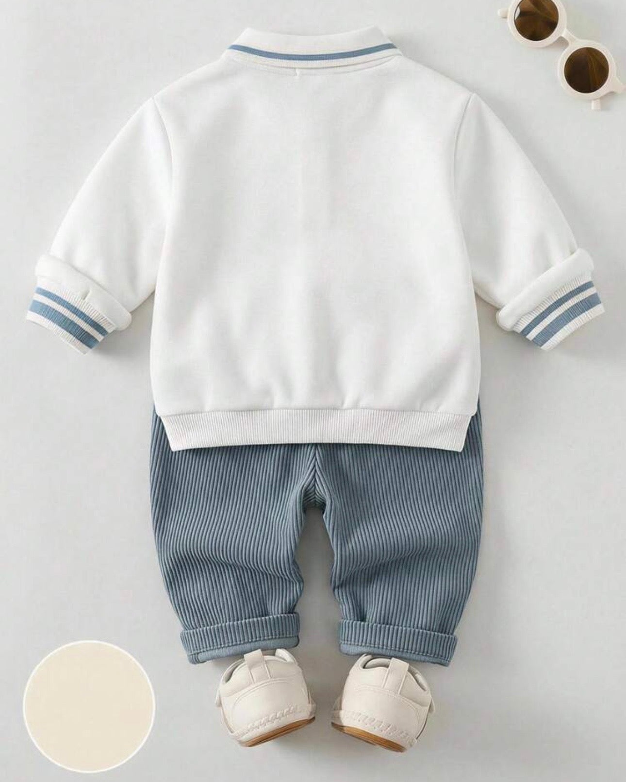 2pcs Baby Boy Animal Knit Pullover Sweatshirt & Dust Blue Winter Pants