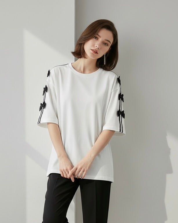 Women White and Black Bowknots Short Sleeve T-Shirt