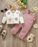 Newborn Baby Girl Pink 3D Floral Pattern Knitted Cardigan And Romper