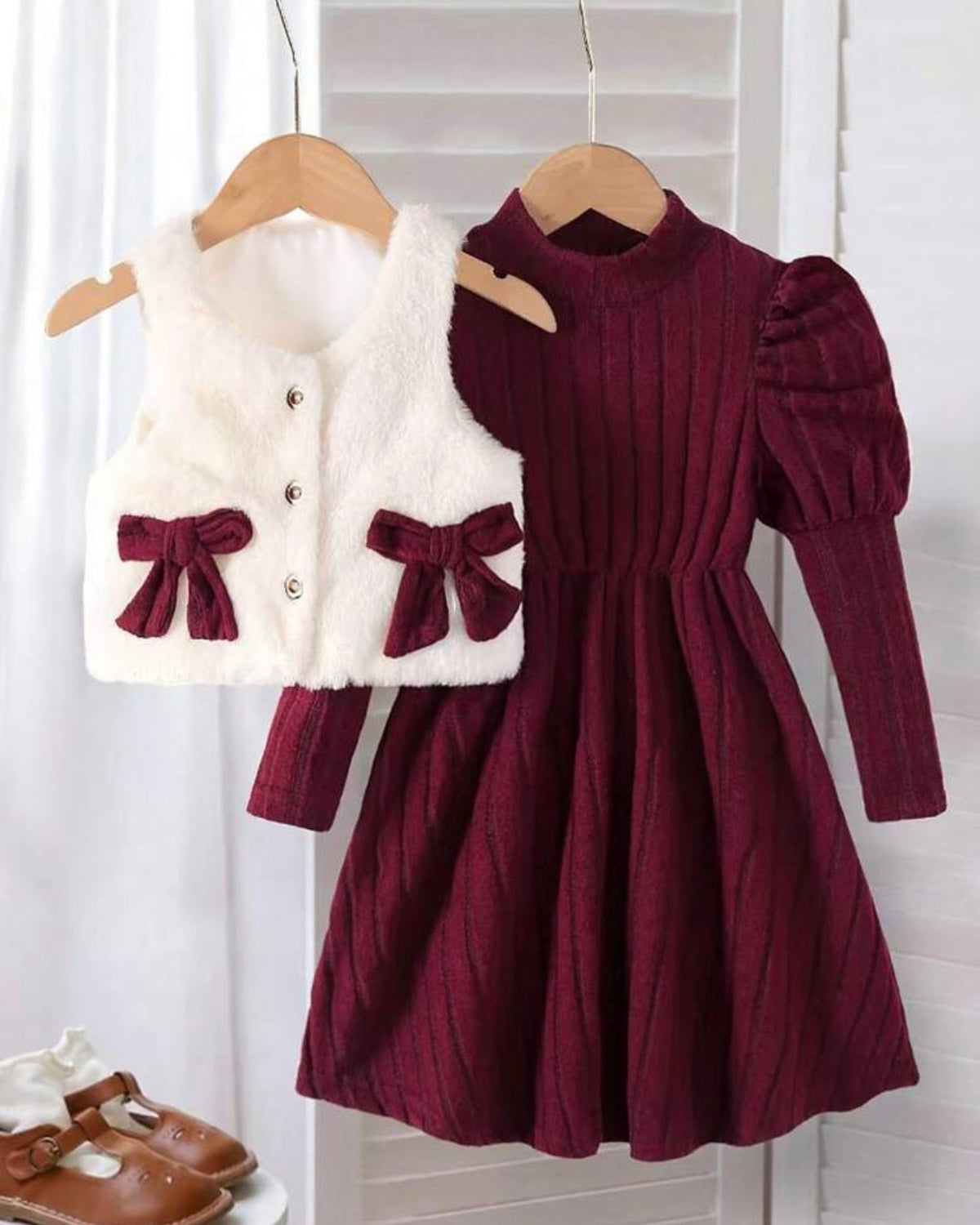 Girls Meroon Puff Sleeve Waist Cinch Textured Dress & Fluffy Bow Decor Gilet Set