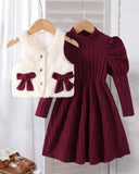 Girls Meroon Puff Sleeve Waist Cinch Textured Dress & Fluffy Bow Decor Gilet Set