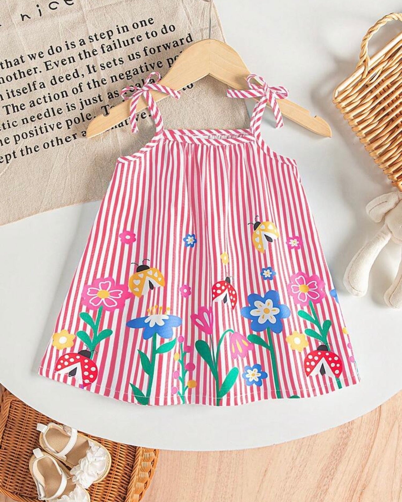 Baby Girl Pink Floral & Honey Bee Print Suspender Dress with Bow