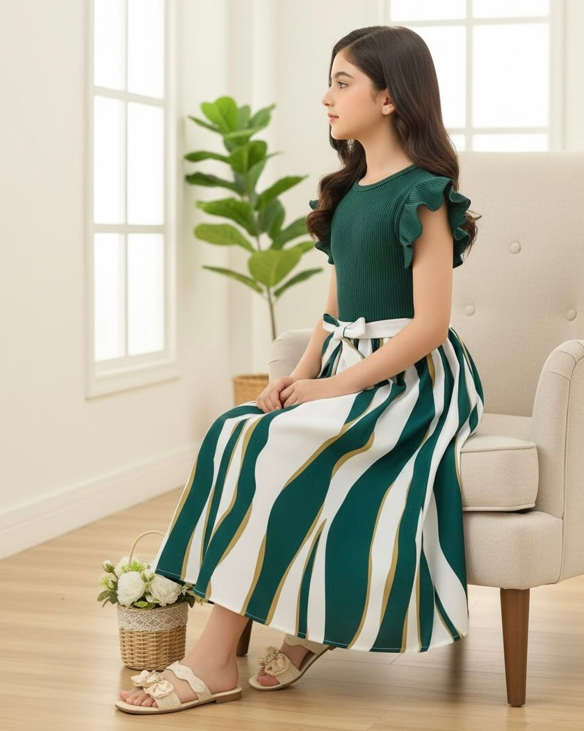 Tween Girls Fashionable Geometric Print Ribbed Green Dress