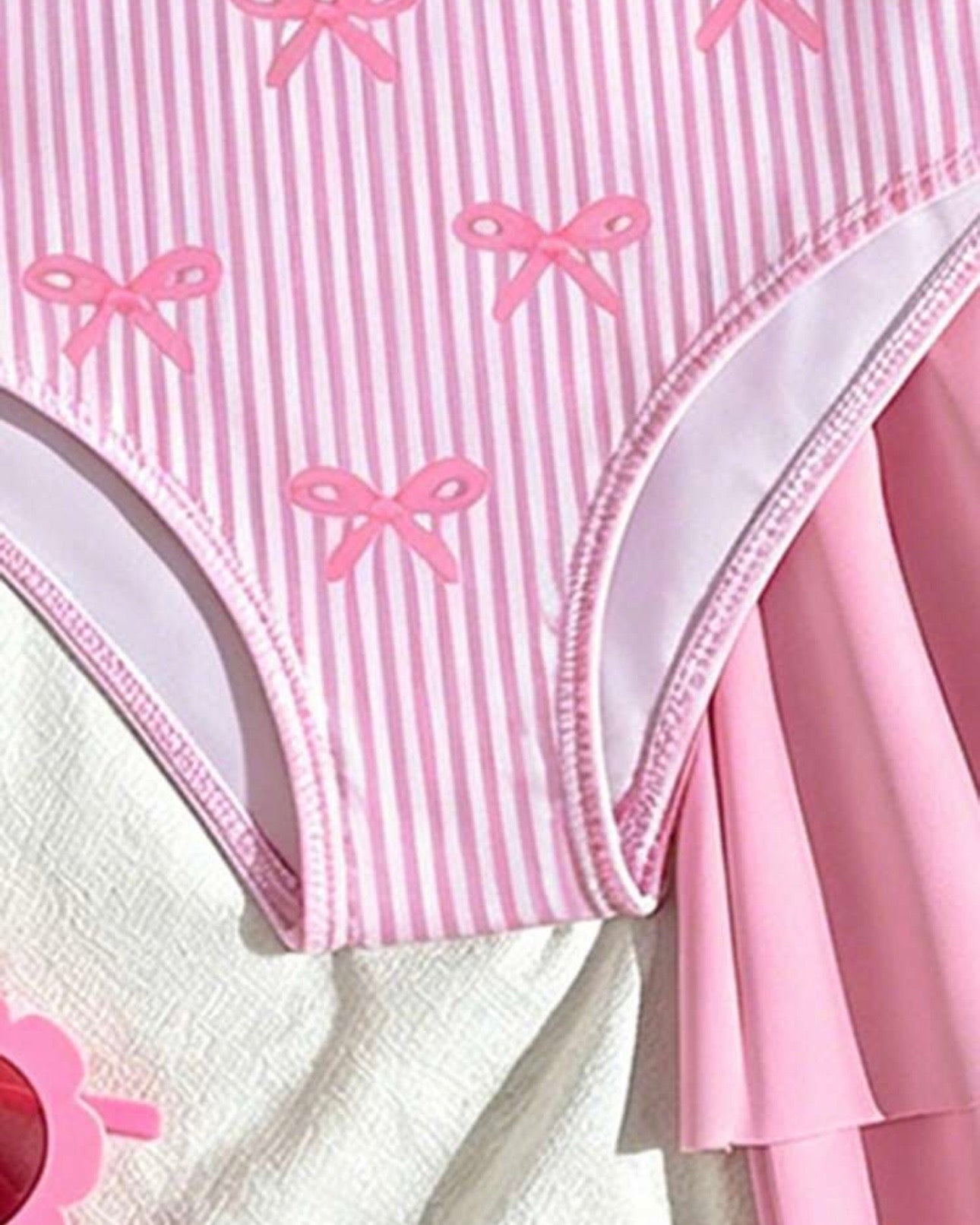 Girls Bow Print One-Piece Swimsuit with Pink Skirt