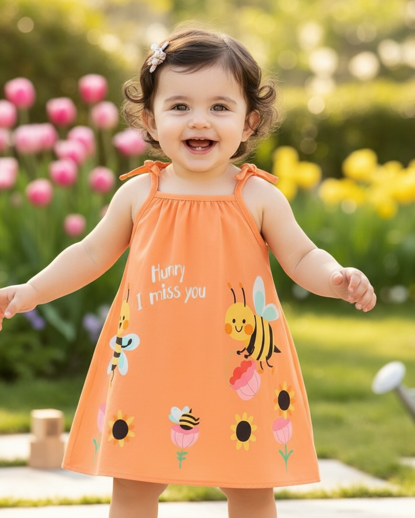 Baby Girl Orange Floral & Honey Bee Print Suspender Dress with Bow