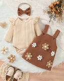 3pcs Set Girls Long Sleeve Knit Top + Bow Headband And 3D Floral Casual Overall Dress Set