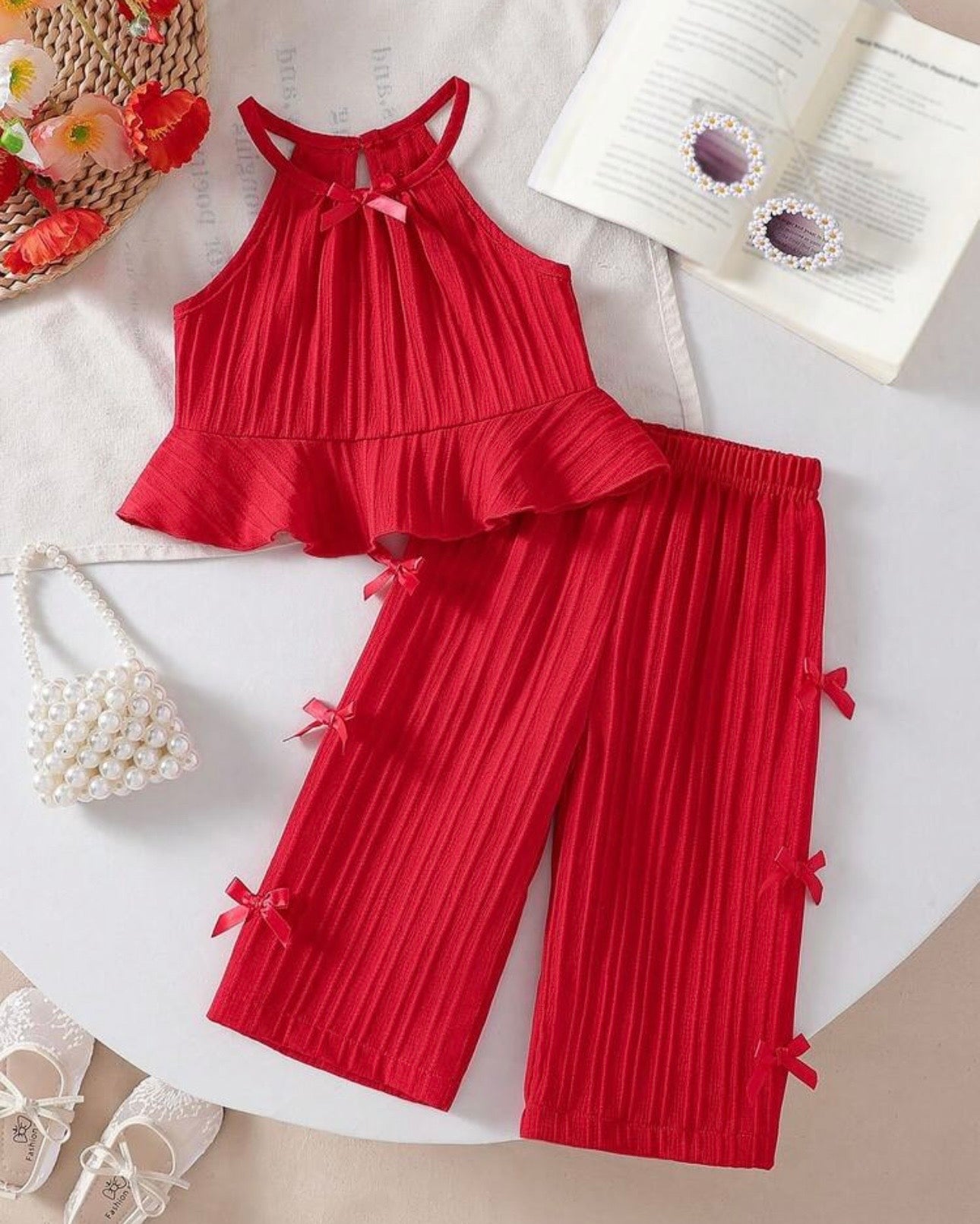 2pcs Baby Girls’ Red colour Spaghetti Strap Camisole Top With 3D Bow Decor Straight Leg Pants Set