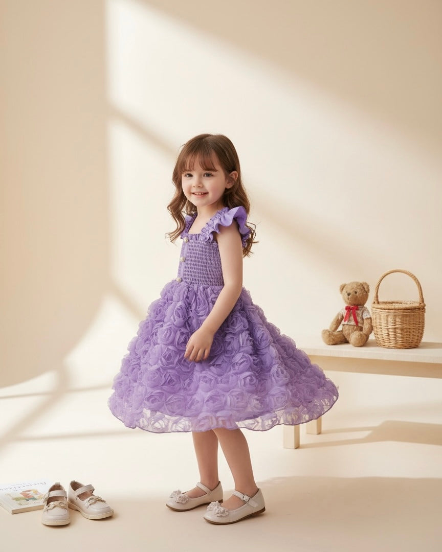 Floral Patchwork Summer Dress – Purple Colour Faux Shirred Cap Sleeve Dress