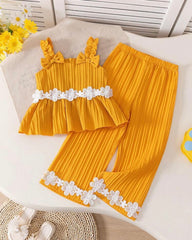 Striped 3D Bow Hollow Floral Sleeveless Top With Elastic Waist Mustard Colour Straight Leg Pants