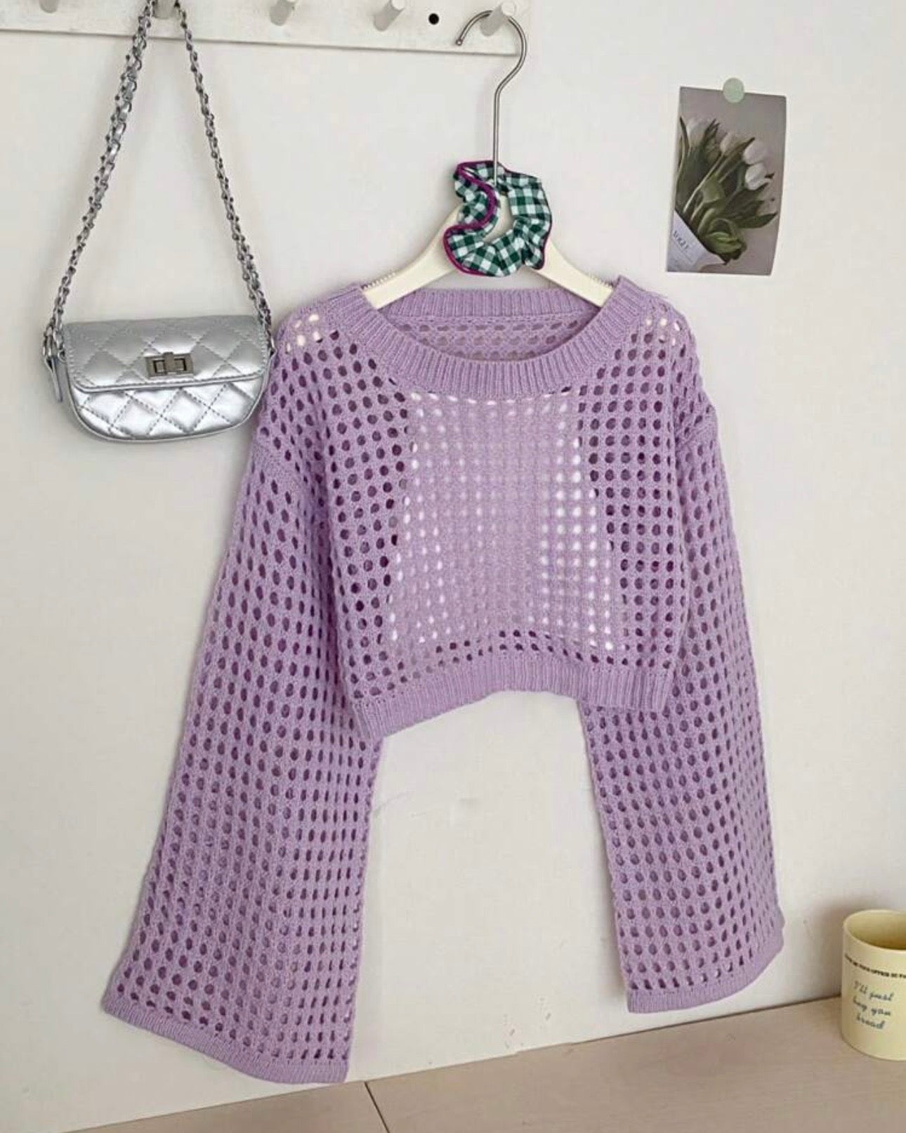 Tween Girls Lilac Color Crew Neck Long Sleeve Hollow Knitwear