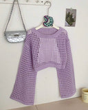 Tween Girls Lilac Color Crew Neck Long Sleeve Hollow Knitwear