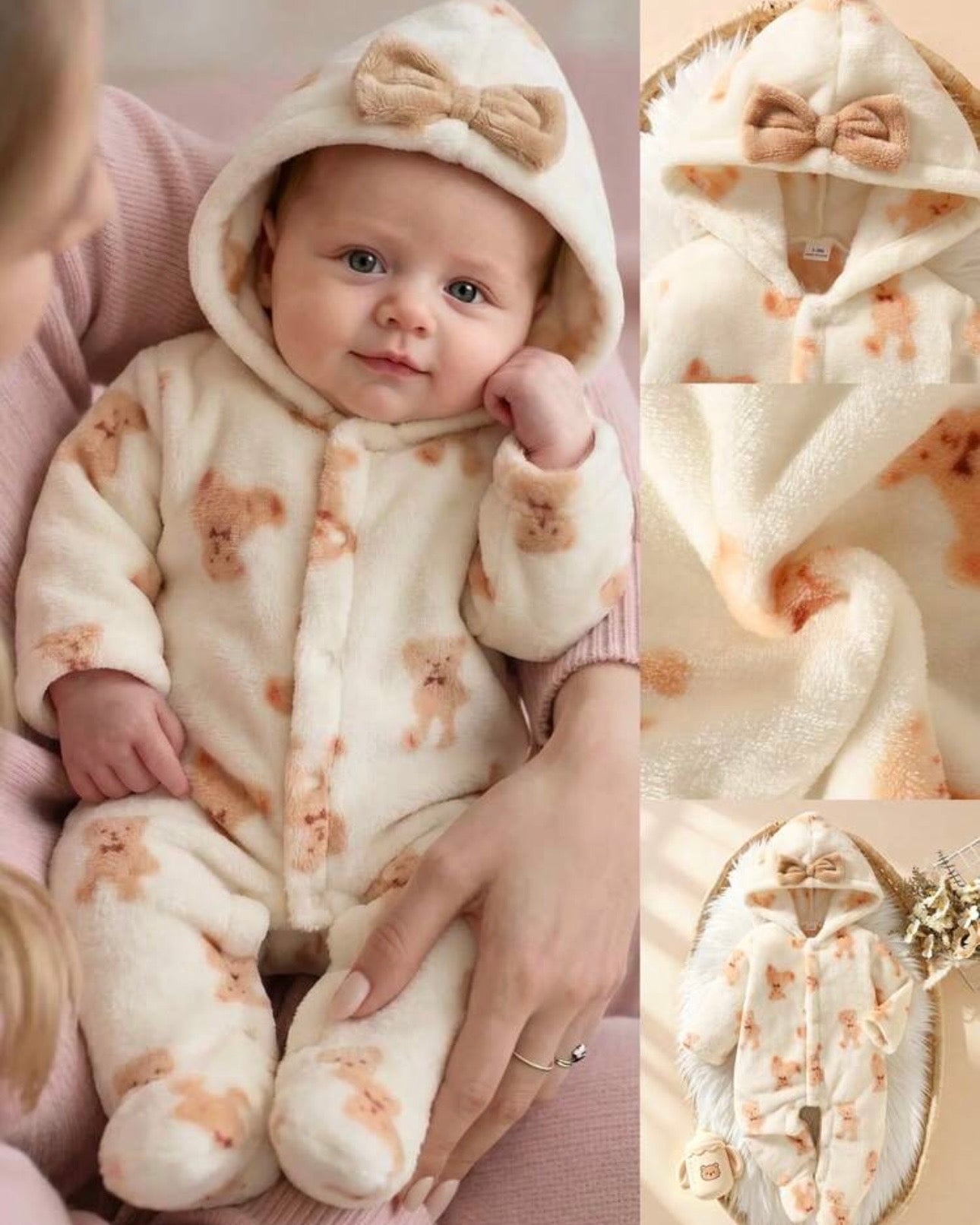 Newborn Baby Bear Pattern Plush Hooded Footed Romper