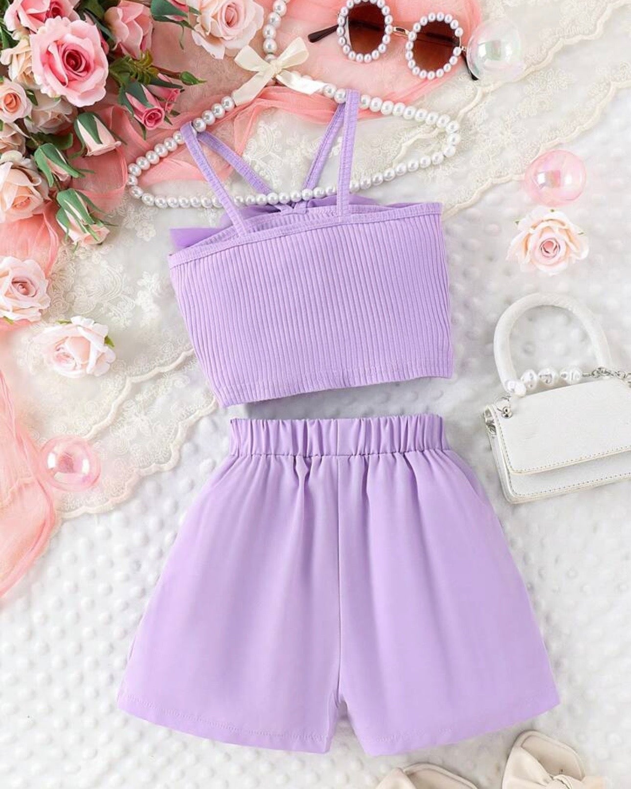 Girls Purple 2pcs 3D Flower Patchwork Camisole Top + Shorts