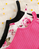 3PCS Girls Pink and Black Ruffle Trim Camisole Tops Set