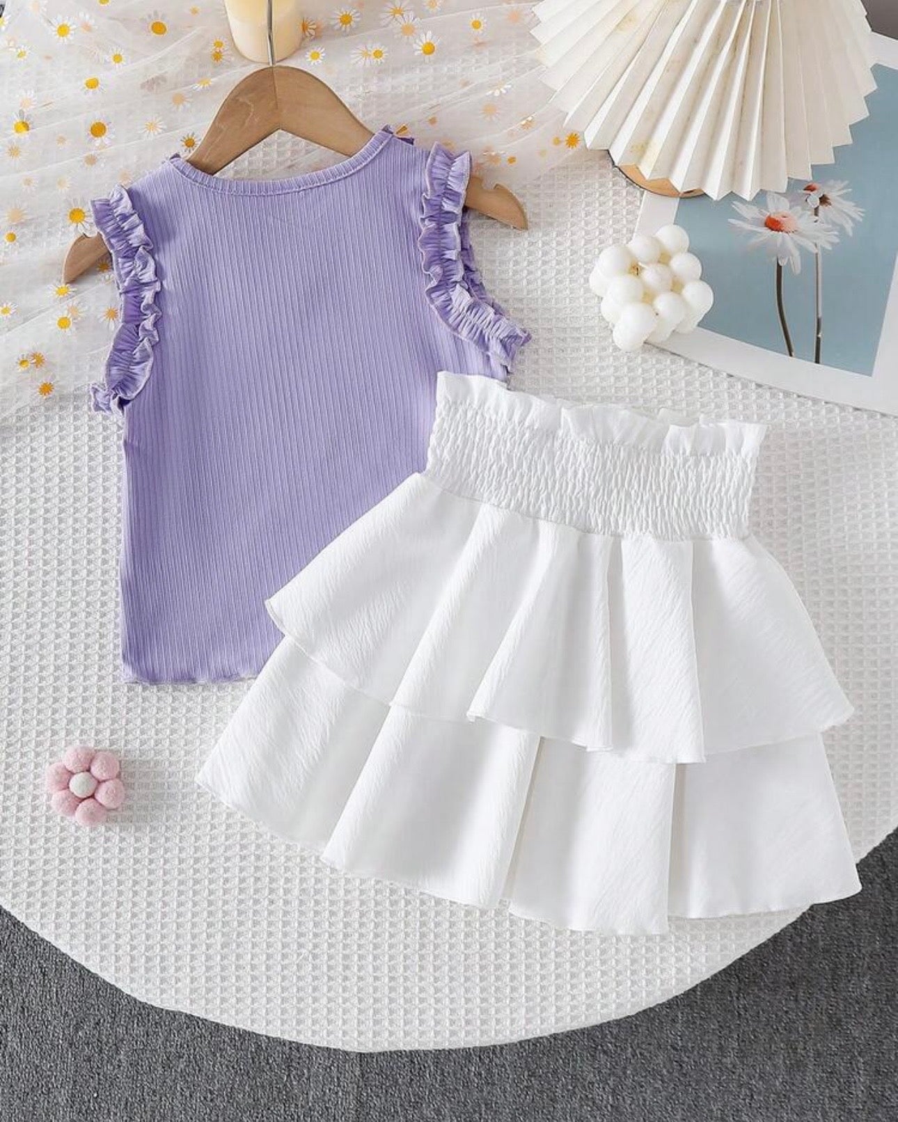 Girls’ Purple Ribbed Camisole & White 3D Floral Double-Layer Skirt Set
