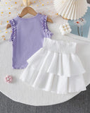Girls’ Purple Ribbed Camisole & White 3D Floral Double-Layer Skirt Set