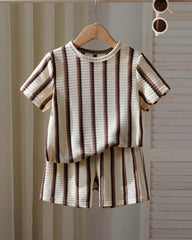 Boys Brown Waffle Stripe 2pcs Summer Set – T-Shirt & Shorts