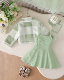 Baby Girl Green Fur Collar Bow Cardigan & A-Line Dress Set – 2-Piece Princess Outfit